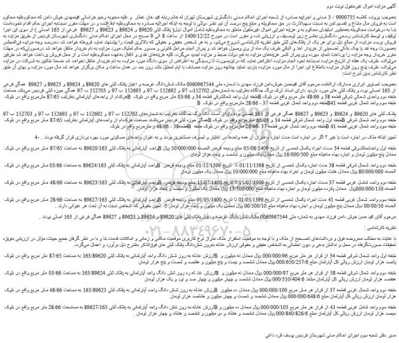 مزایده فروش شش دانگ عرصه و اعیان پلاک ثبتی های 89620 و 89624 و 89623 و 89627 همگی