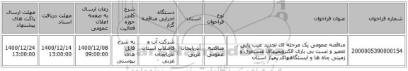 مناقصه عمومی یک مرحله ای تجدید عیب یابی ، تعمیر و تست بی باری الکتروپمپهای مستغرق و زمینی چاه ها و ایستگاههای پمپاژ استان