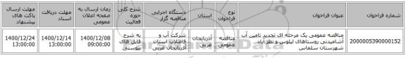 مناقصه عمومی یک مرحله ای تجدید تامین آب آشامیدنی روستاهای لیلوس و نظر آباد شهرستان سلماس
