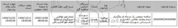 مناقصه عمومی یک مرحله ای واگذاری انجام وظایف نظافتی اتاقداری و تاسیساتی شهرداری همدان