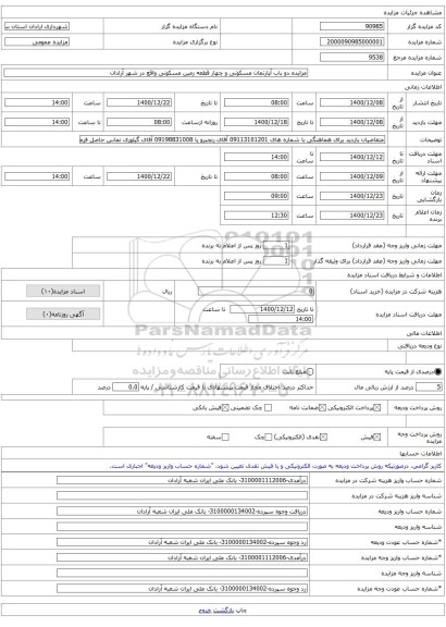 مزایده دو باب آپارتمان مسکونی و چهار قطعه زمین مسکونی واقع در شهر آرادان