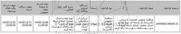 مناقصه عمومی همزمان با ارزیابی (فشرده) یک مرحله ای تهیه لوله و اجرای عملیات اصلاح شبکه توزیع آب شرب روستاهای شهرستان رباط کریم 