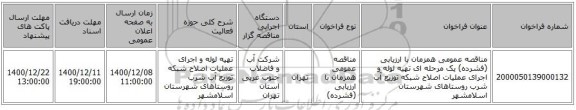 مناقصه عمومی همزمان با ارزیابی (فشرده) یک مرحله ای تهیه لوله و اجرای عملیات اصلاح شبکه توزیع آب شرب روستاهای شهرستان اسلامشهر