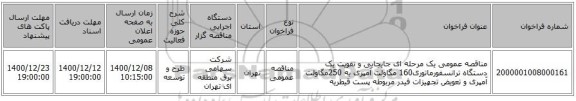 مناقصه عمومی یک مرحله ای جایجایی و تقویت یک دستگاه ترانسفورماتوری160 مگاولت آمپری به 250مگاولت آمپری و تعویض تجهیزات فیدر مربوطه پست قیطریه