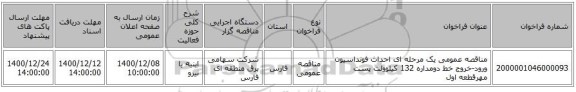 مناقصه عمومی یک مرحله ای احداث فونداسیون ورود-خروج خط دومداره 132 کیلوولت پست مهرقطعه اول 