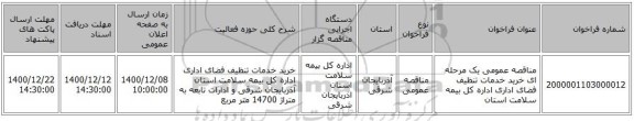 مناقصه عمومی یک مرحله ای خرید خدمات تنظیف فضای اداری اداره کل بیمه سلامت استان