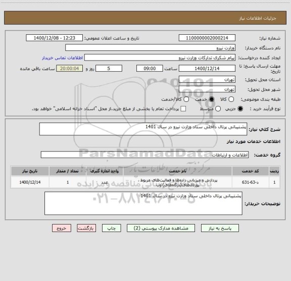 استعلام پشتیبانی پرتال داخلی ستاد وزارت نیرو در سال 1401