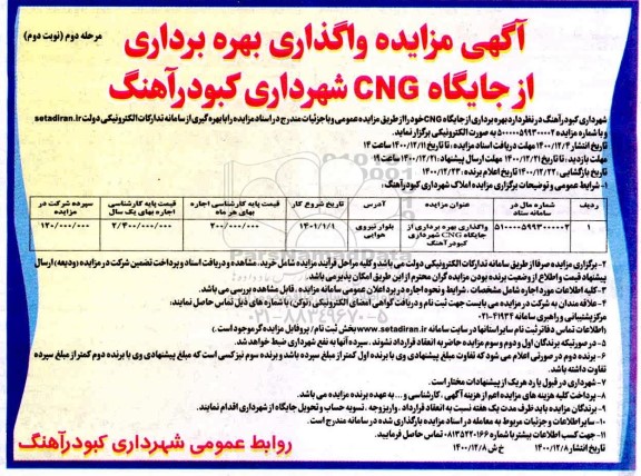 مزایده، مزایده واگذاری بهره برداری از جایگاه CNG شهرداری -مرحله دوم نوبت دوم