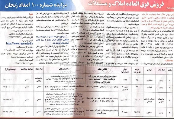 مزایده، دفتر فروش املاک امداد زنجان   نوبت دوم