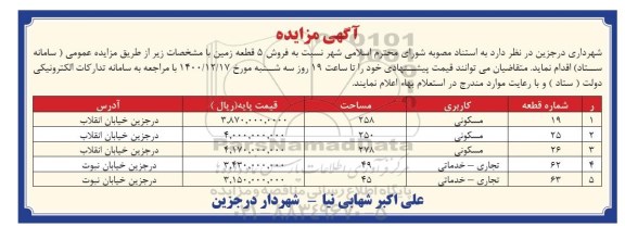 مزایده فروش 5 قطعه زمین 