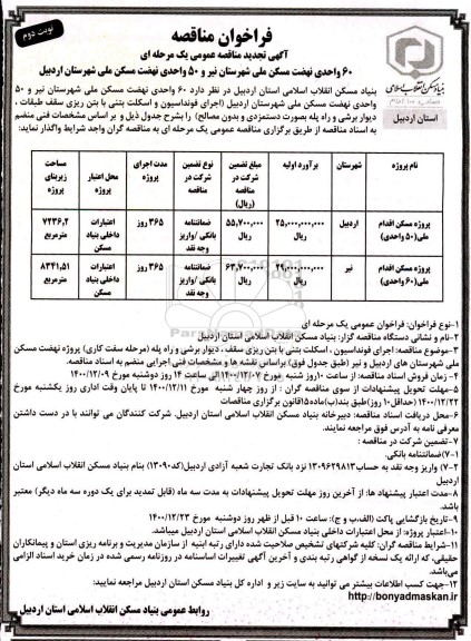 تجدید مناقصه، تجدید مناقصه 60 واحد نهضت مسکن ملی ...- نوبت دوم 