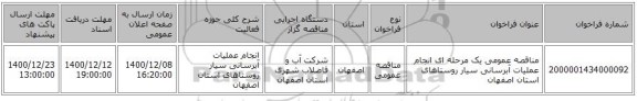 مناقصه عمومی یک مرحله ای انجام عملیات آبرسانی سیار روستاهای استان اصفهان
