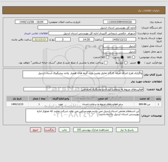 استعلام واگزاری طرح اجرای تعرفه کارگاه تحلیل وضیت ویژه گروه های همیار  واحد پیشگیری استان اردبیل 