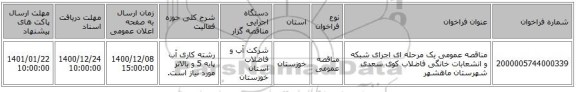 مناقصه عمومی یک مرحله ای اجرای شبکه و انشعابات خانگی فاضلاب کوی سعدی شهرستان ماهشهر