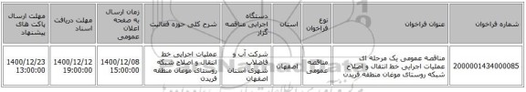 مناقصه عمومی یک مرحله ای عملیات اجرایی خط انتقال و اصلاح شبکه روستای موغان منطقه فریدن
