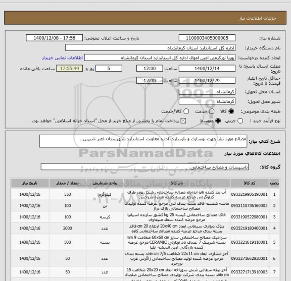 استعلام مصالح مورد نیاز جهت نوسازی و بازسازی اداره معاونت استاندارد شهرستان قصر شیرین .