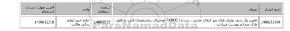 تامین یک ردیف رولیک های میز انتقال چدنی , نشان : FARCO اورجینال  , مشخصات فنی در فایل های ضمائم پیوست میباشد .