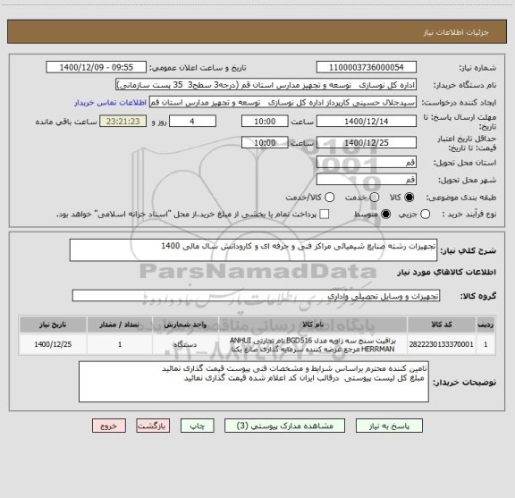 استعلام تجهیزات رشته صنایع شیمیائی مراکز فنی و حرفه ای و کارودانش سال مالی 1400