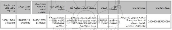مناقصه عمومی یک مرحله ای احداث مدرسه 3 کلاسه روستای بروشخواران سلماس
