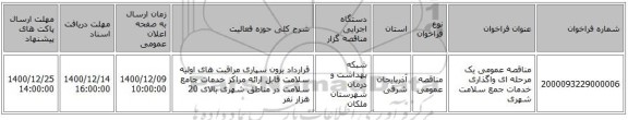 مناقصه عمومی یک مرحله ای واگذاری خدمات جمع سلامت شهری