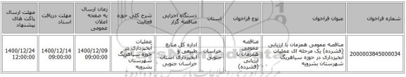 مناقصه عمومی همزمان با ارزیابی (فشرده) یک مرحله ای عملیات آبخیزداری در حوزه سیاهریگ شهرستان بشرویه