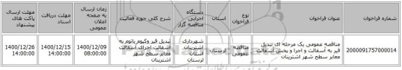 مناقصه عمومی یک مرحله ای تبدیل قیر به آسفالت و اجرا و پخش آسفالت معابر سطح شهر اشترینان 