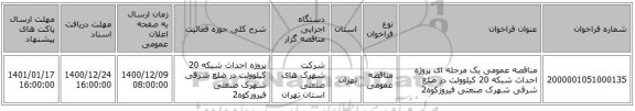 مناقصه عمومی یک مرحله ای پروژه احداث شبکه 20 کیلوولت در ضلع شرقی شهرک صنعتی فیروزکوه2 