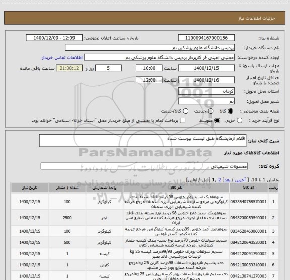 استعلام اقلام آزمایشگاه طبق لیست پیوست شده
