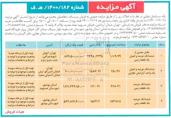 مزایده فروش املاک