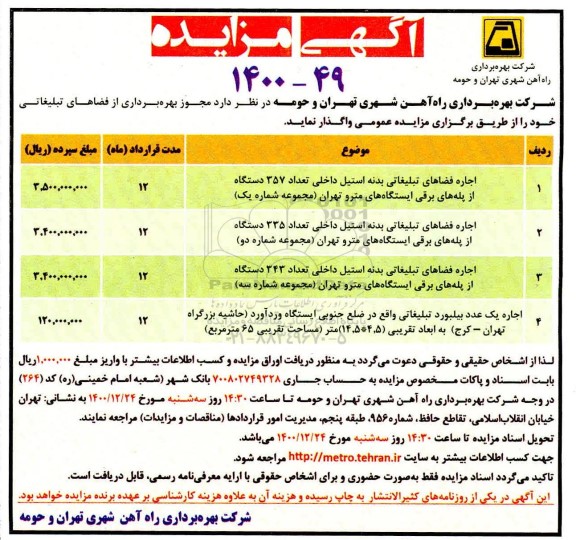 مزایده بهره برداری از فضاهای تبلیغاتی