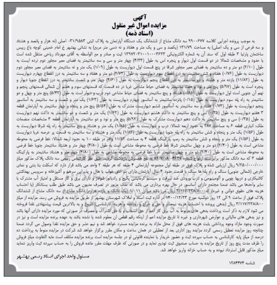 مزایده سه دانگ مشاع از ششدانگ یک دستگاه آپارتمان