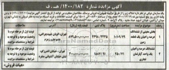 مزایده فروش شش دانگ عرصه و اعیان یک قطعه زمین به پلاک ثبتی 2398/2235 به مساحت 10109/79