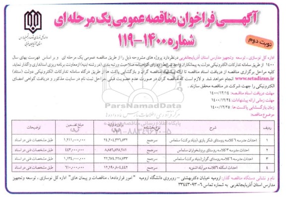 فراخوان مناقصه، فراخوان مناقصه احداث مدرسه 6 کلاسه روستای ...- نوبت دوم 
