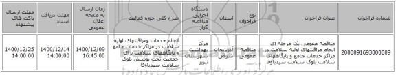 مناقصه عمومی یک مرحله ای انجام مراقبتهای اولیه سلامت در مراکز خدمات جامع و پایگاههای سلامت بلوک سلامت سیدباوفا 