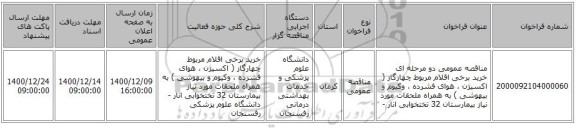 مناقصه عمومی دو مرحله ای خرید برخی اقلام مربوط چهارگاز ( اکسیژن ، هوای فشرده ، وکیوم و بیهوشی ) به همراه ملحقات مورد نیاز بیمارستان 32 تختخوابی انار -