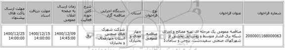 مناقصه عمومی یک مرحله ای تهیه مصالح و اجرای شبکه برق فشار متوسط و روشنایی بخشی از شهرکهای صنعتی سفیددشت، بروجن و سامان1