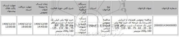 مناقصه عمومی همزمان با ارزیابی (فشرده) یک مرحله ای خرید لوله پلی اتیلن تک  جداره آب شرب در قطر های 20 ، 25 ، 63 ، 75 ، 90 ، 110 ، 125 ، 160 و200  میلیمتر  