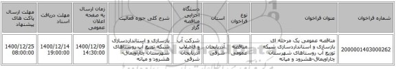مناقصه عمومی یک مرحله ای بازسازی و استانداردسازی شبکه توزیع آب روستاهای شهرستان چاراویماق-هشرود و میانه