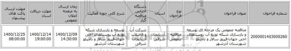 مناقصه عمومی یک مرحله ای توسعه و بازسازی شبکه توزیع آب روستاهای اخی جهان-فیروز سالار و نادینلو شهرستان آذرشهر	
