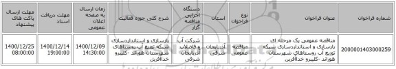 مناقصه عمومی یک مرحله ای بازسازی و استانداردسازی شبکه توزیع آب روستاهای شهرستان هوراند -کلیبرو خداآفرین