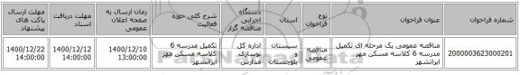 مناقصه عمومی یک مرحله ای تکمیل مدرسه 6 کلاسه مسکن مهر ایرانشهر