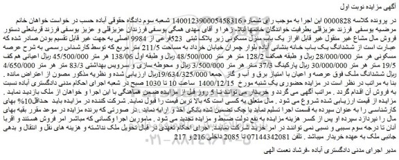 مزایده فروش یک باب منزل مسکونی زیر پلاک ثبتی  523فرعی از 9984 اصلی 