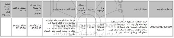 خرید خدمات مشاوره خدمات مشاوره مرحله تحویل و ساخت پروژه های بازسازی و توسعه بنا و نوسازی ساختمانهای ستادی و شعب بانک در سطح کشور طبق ‏اسناد پیوست ‏