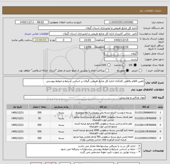 استعلام تامین اقلام رفاهی کارکنان اداره کل منابع طبیعی گیلان بر اساس شرایط و ضوابط پیوستی 
