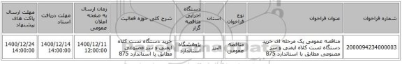مناقصه عمومی یک مرحله ای خرید دستگاه تست کلاه ایمنی و سر مصنوعی مطابق با استاندارد 875