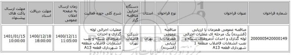 مناقصه عمومی همزمان با ارزیابی (فشرده) یک مرحله ای عملیات اجرائی لوله گذاری و احداث آدمروهای شبکه و نصب انشعابات فاضلاب منطقه 1 شهرداری قطعه A13