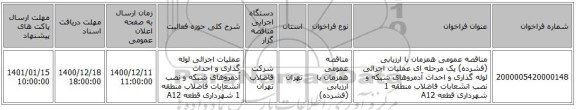 مناقصه عمومی همزمان با ارزیابی (فشرده) یک مرحله ای عملیات اجرائی لوله گذاری و احداث آدمروهای شبکه و نصب انشعابات فاضلاب منطقه 1 شهرداری قطعه A12