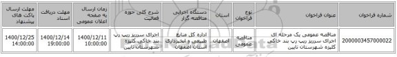 مناقصه عمومی یک مرحله ای اجرای سرریز ریپ رپ بند خاکی کلیزه شهرستان نایین