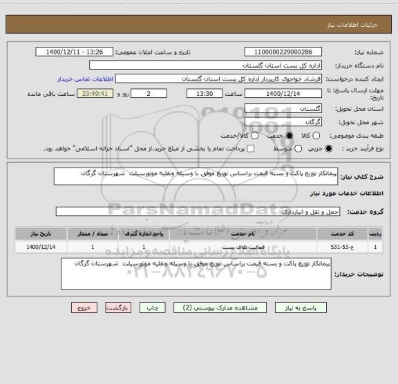 استعلام پیمانکار توزیع پاکت و بسته قیمت براساس توزیع موفق با وسیله ونقلیه موتورسیلت  شهرستان گرگان