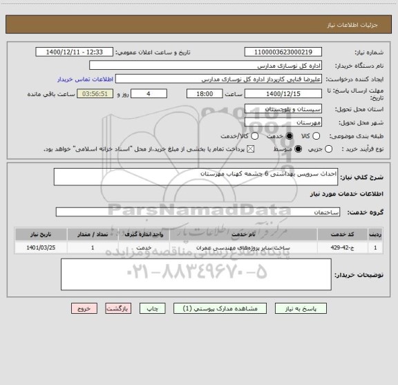 استعلام احداث سرویس بهداشتی 6 چشمه کهناب مهرستان